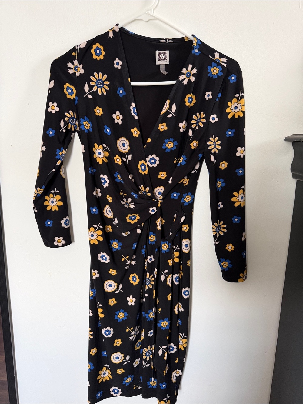 Anne Klein Black Floral Wrap Midi Dress with Blue & Mustard Flowers